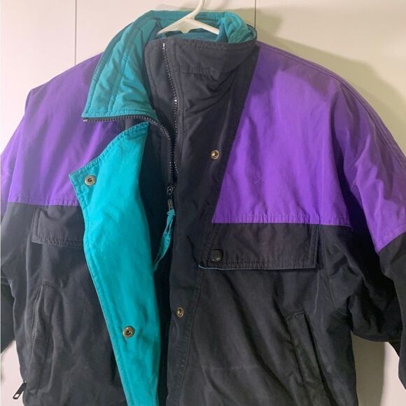 Eddie Bauer Small Black, Purple and Green Vintage 90s Goose Down Coat - Picture 2 of 4